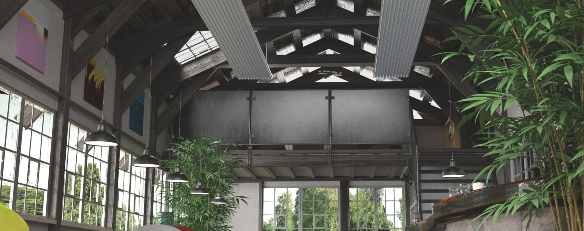 Rendering Zehnder ZFP Urban Heating and cooling ceiling system Angled view
